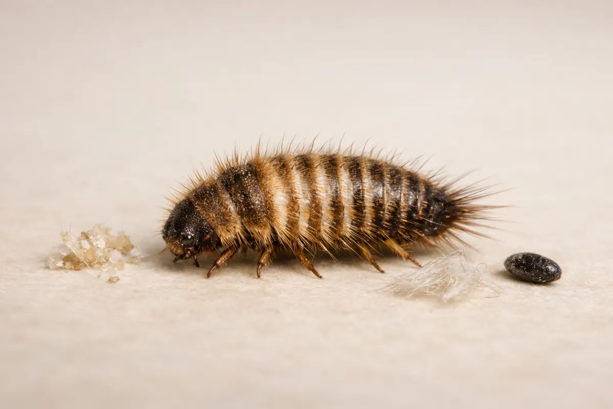 Editorial checklist image for carpet beetle larvae showing visible clues and comparison notes.